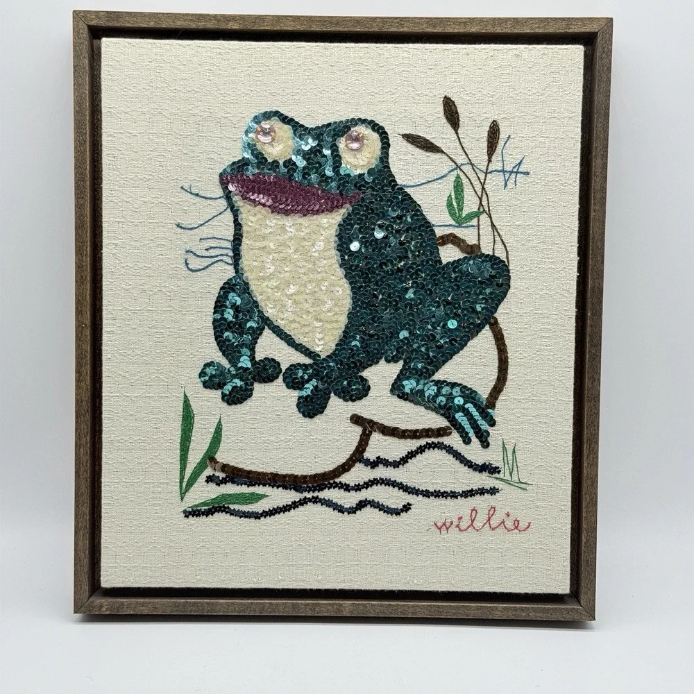 Sequenced Embriored Frog Wood Framed Wall Hanging Cottage MCM 70s 80s Granny